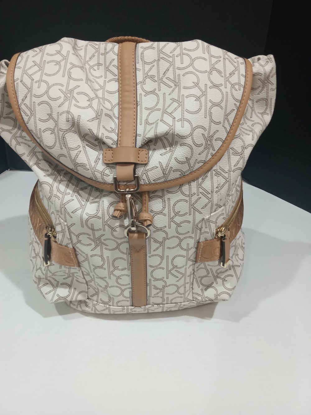 Calvin Klein White Logo Monogram Backpack with Tan Trim